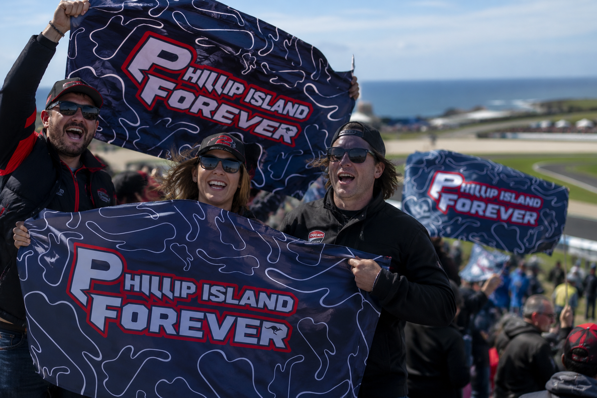 Illustration of fans holding Phillip Island Forever flags at Siberia